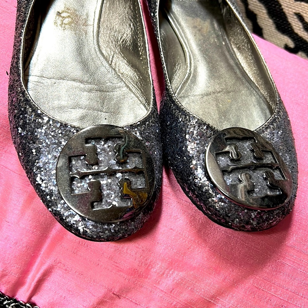 Tory Burch Miller Minnie Silver Glitter Ballet Flats 8.5